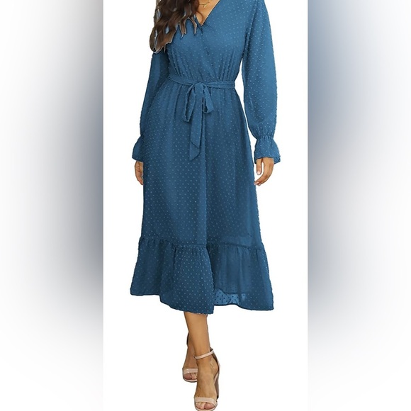 Suprelook Long Sleeve Wrap V Neck Swiss Dot Print Bohemian Swing Size L  NWT - Picture 3 of 5